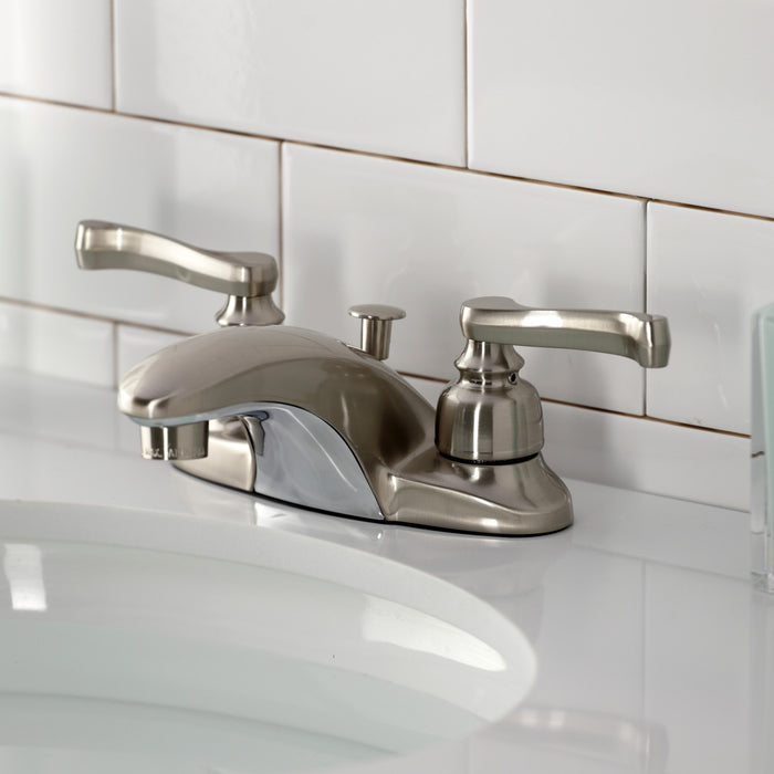 Kingston Tulare KB628FL - Magellan Double-Handle 3-Hole Deck Mount 4-Inch Centerset Bathroom Faucet with Pop-Up Drain, Brushed Nickel