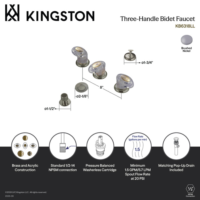 Kingston Tulare KB6318LL - Legacy Three-Handle Deck Mount Bidet Faucet with Brass Pop-Up, Brushed Nickel