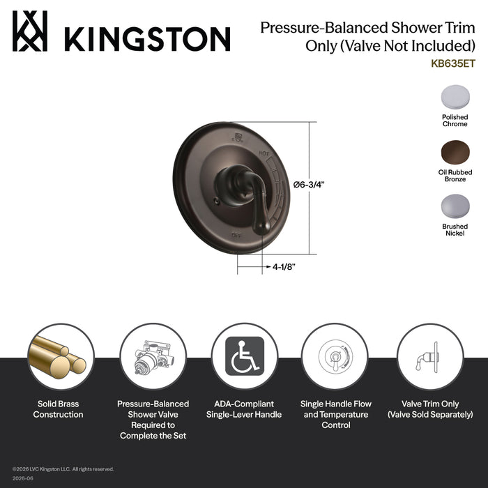 Kingston Tulare KB631ET Single-Hanele Pressure Balanced Shower Valve Trim Only - Valve Not Included (Without Showerhead and Tub Spout), Polished Chrome (Valve Not Included)