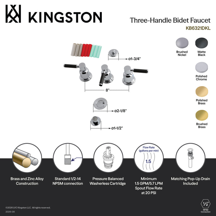Kingston Sona KB6320DKL - Kaiser Three-Handle Deck Mount Vertical Spray Bidet Faucet with Brass Pop-Up, Matte Black