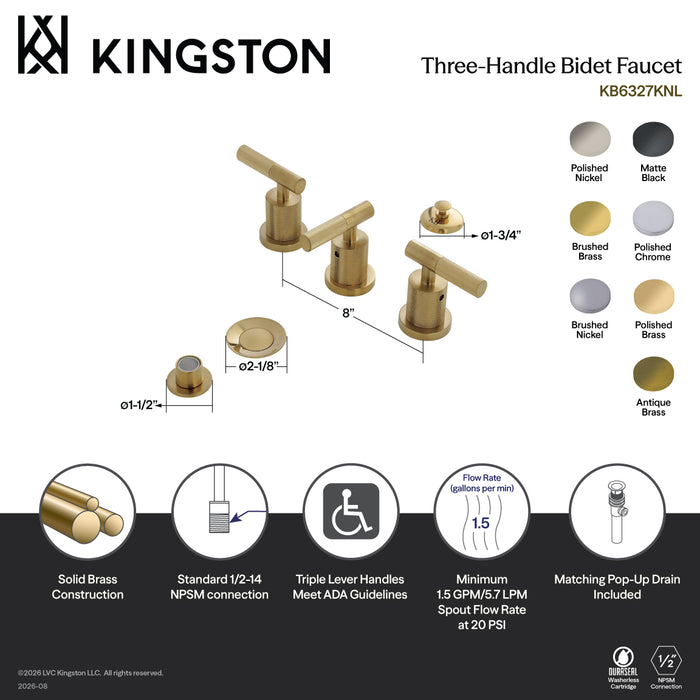 Kingston Sona KB6320KNL - Convergent Three-Handle Deck Mount Bidet Faucet with Knurled Handle and Brass Pop-Up, Matte Black