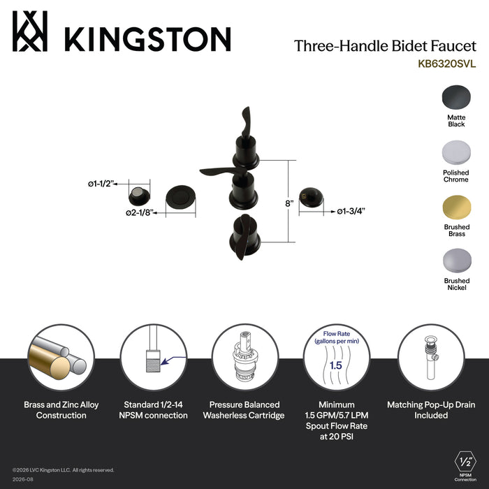 Kingston Tulare KB6320SVL - Serena Three-Handle Deck Mount Vertical Spray Bidet Faucet with Brass Pop-Up, Matte Black