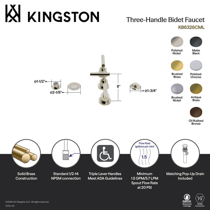 Kingston Sona KB6321CML - Manhattan Three-Handle Deck Mount Vertical Spray Bidet Faucet with Brass Pop-Up, Polished Chrome