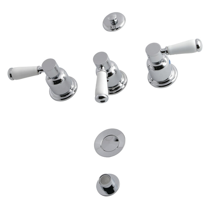 Kingston Tulare KB6321DPL - Paris Three-Handle Deck Mount Vertical Spray Bidet Faucet with Brass Pop-Up, Polished Chrome