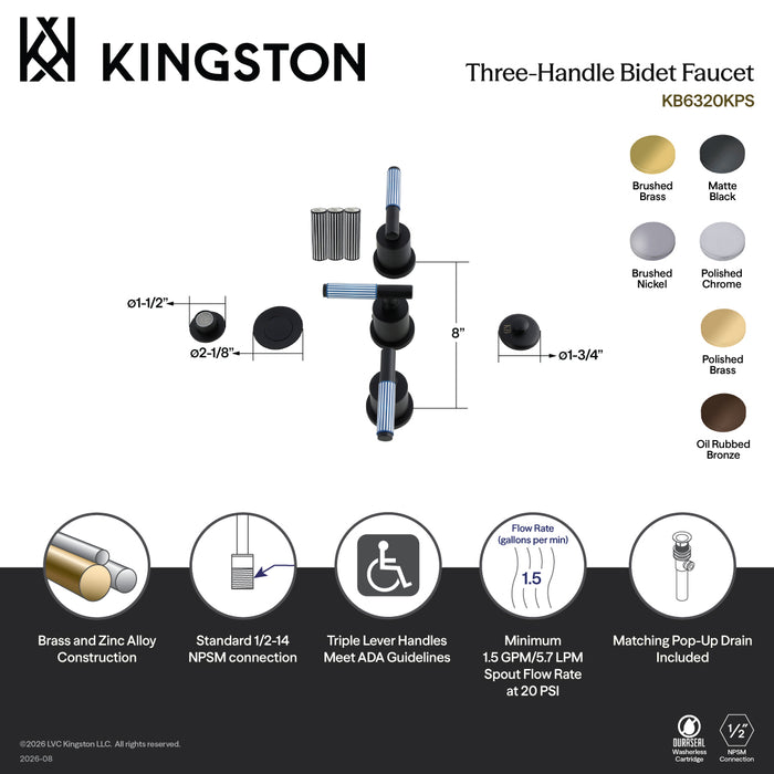 Kingston Sona KB6321KPS - Verona Three-Handle Bidet Faucet with Knurled Handle and Brass Pop-Up, Polished Chrome