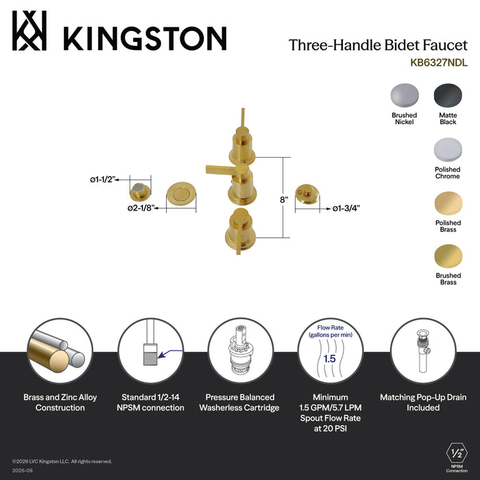 Kingston Sona KB6321NDL - NuvoFusion Three-Handle Deck Mount Vertical Spray Bidet Faucet with Brass Pop-Up, Polished Chrome