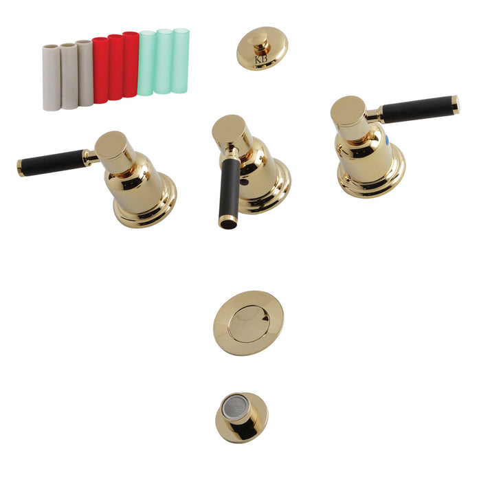 Kingston Sona KB6322DKL - Kaiser Three-Handle Deck Mount Vertical Spray Bidet Faucet with Brass Pop-Up, Polished Brass