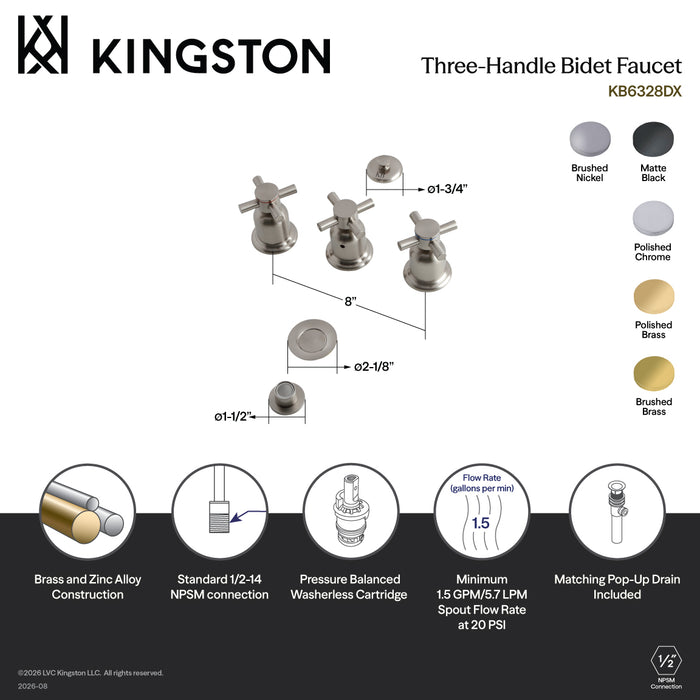 Kingston Sona KB6322DX - Concord Three-Handle Deck Mount Vertical Spray Bidet Faucet with Brass Pop-Up, Polished Brass