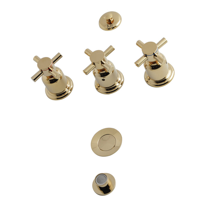 Kingston Sona KB6322DX - Concord Three-Handle Deck Mount Vertical Spray Bidet Faucet with Brass Pop-Up, Polished Brass