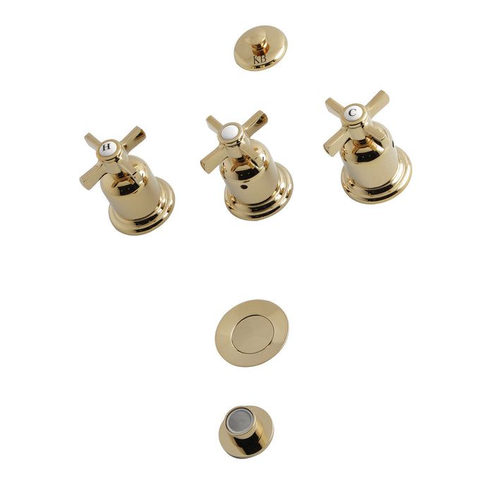 Kingston Tulare KB6322ZX - Millennium Three-Handle Deck Mount Vertical Spray Bidet Faucet with Brass Pop-Up, Polished Brass