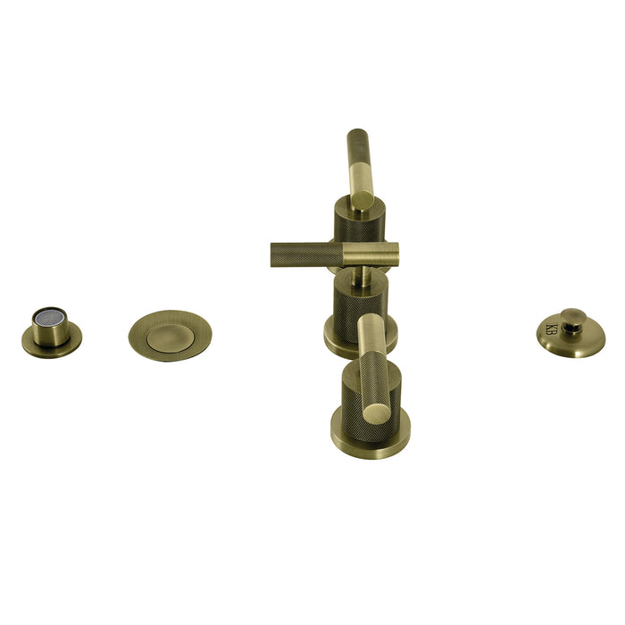 Kingston Sona KB6323KNL - Convergent Three-Handle Deck Mount Bidet Faucet with Knurled Handle and Brass Pop-Up, Antique Brass