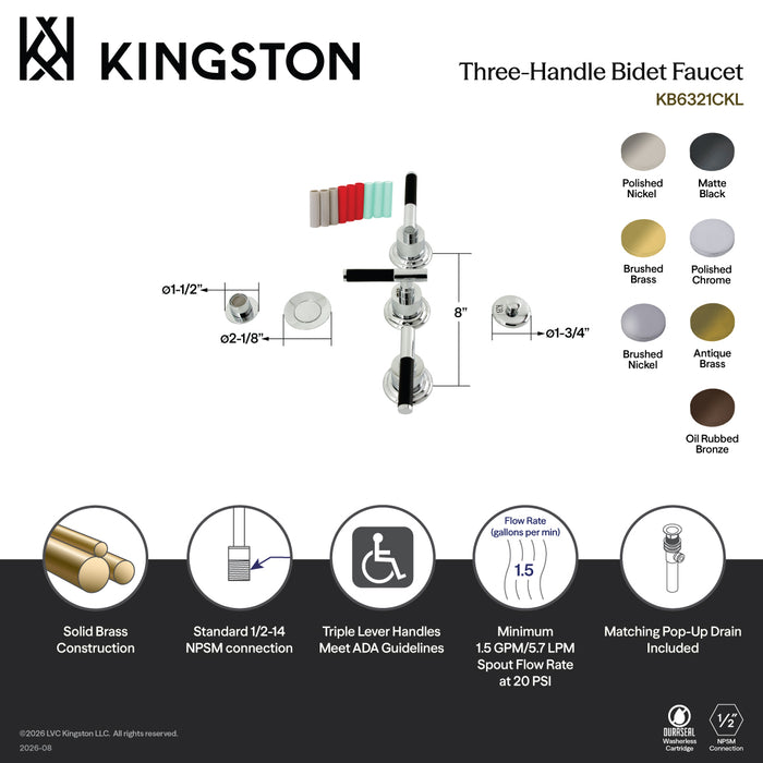 Kingston Sona KB6327CKL - Kaiser Three-Handle Deck Mount Vertical Spray Bidet Faucet with Brass Pop-Up, Brushed Brass