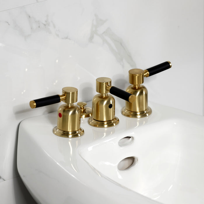 Kingston Sona KB6327DKL - Kaiser Three-Handle Deck Mount Vertical Spray Bidet Faucet with Brass Pop-Up, Brushed Brass