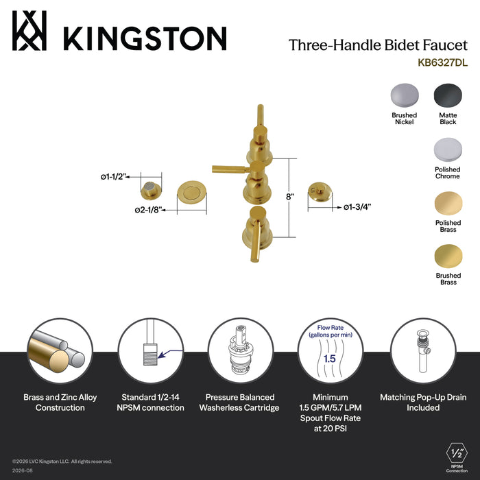 Kingston Sona KB6327DL - Concord Three-Handle Deck Mount Vertical Spray Bidet Faucet with Brass Pop-Up, Brushed Brass