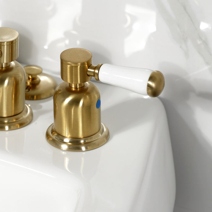 Kingston Tulare KB6327DPL - Paris Three-Handle Deck Mount Vertical Spray Bidet Faucet with Brass Pop-Up, Brushed Brass