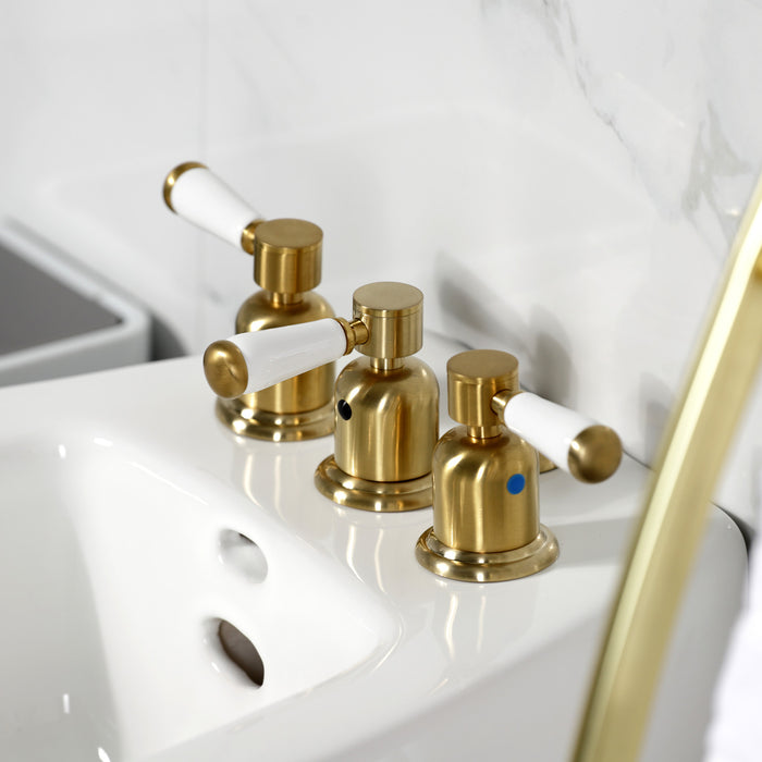 Kingston Tulare KB6327DPL - Paris Three-Handle Deck Mount Vertical Spray Bidet Faucet with Brass Pop-Up, Brushed Brass