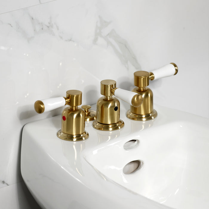 Kingston Tulare KB6327DPL - Paris Three-Handle Deck Mount Vertical Spray Bidet Faucet with Brass Pop-Up, Brushed Brass