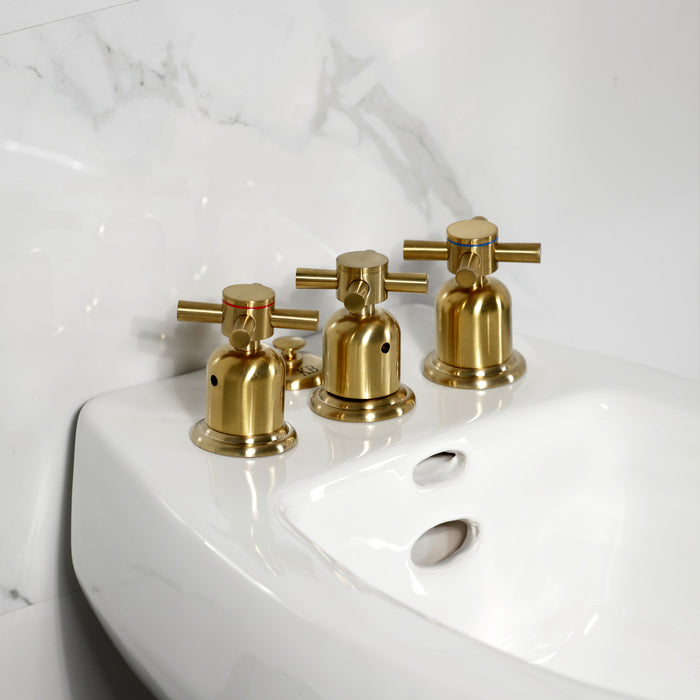 Kingston Sona KB6327DX - Concord Three-Handle Deck Mount Vertical Spray Bidet Faucet with Brass Pop-Up, Brushed Brass