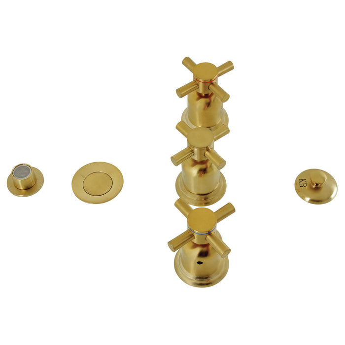 Kingston Sona KB6327DX - Concord Three-Handle Deck Mount Vertical Spray Bidet Faucet with Brass Pop-Up, Brushed Brass