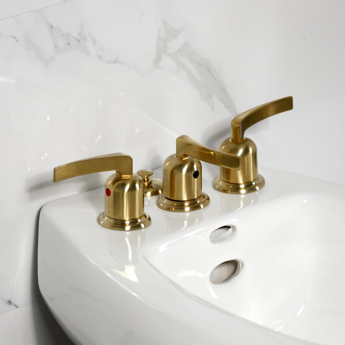 Kingston Tulare KB6327EFL - Centurion Three-Handle Deck Mount Vertical Spray Bidet Faucet with Brass Pop-Up, Brushed Brass
