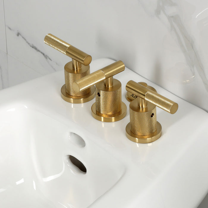 Kingston Sona KB6327KNL - Convergent Three-Handle Deck Mount Bidet Faucet with Knurled Handle and Brass Pop-Up, Brushed Brass