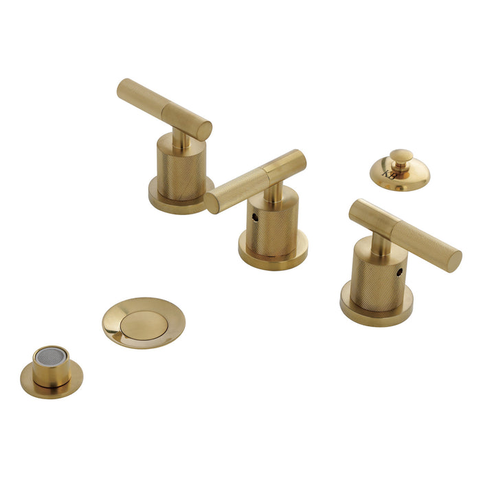Kingston Sona KB6327KNL - Convergent Three-Handle Deck Mount Bidet Faucet with Knurled Handle and Brass Pop-Up, Brushed Brass
