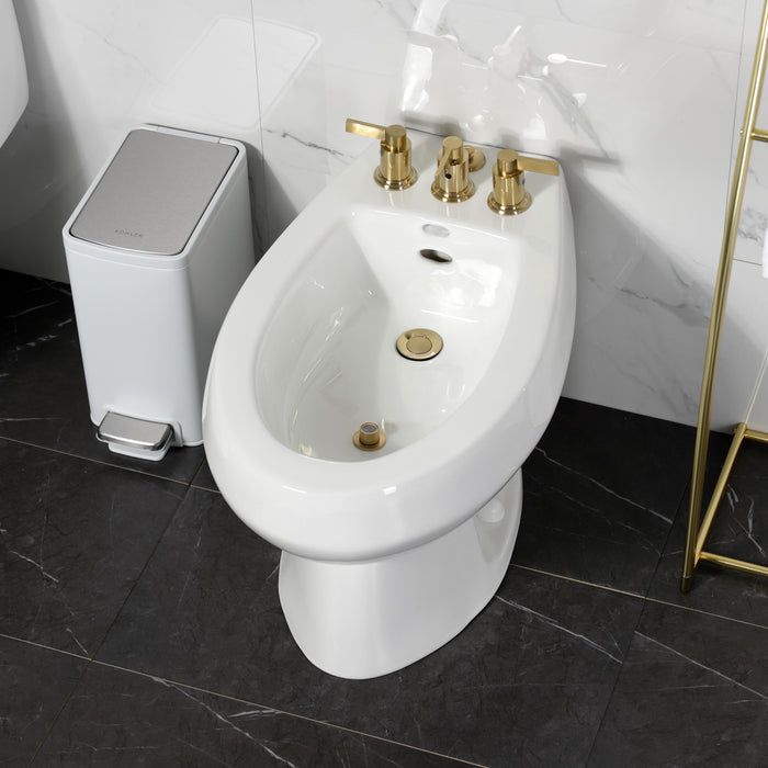 Kingston Sona KB6327NDL - NuvoFusion Three-Handle Deck Mount Vertical Spray Bidet Faucet with Brass Pop-Up, Brushed Brass