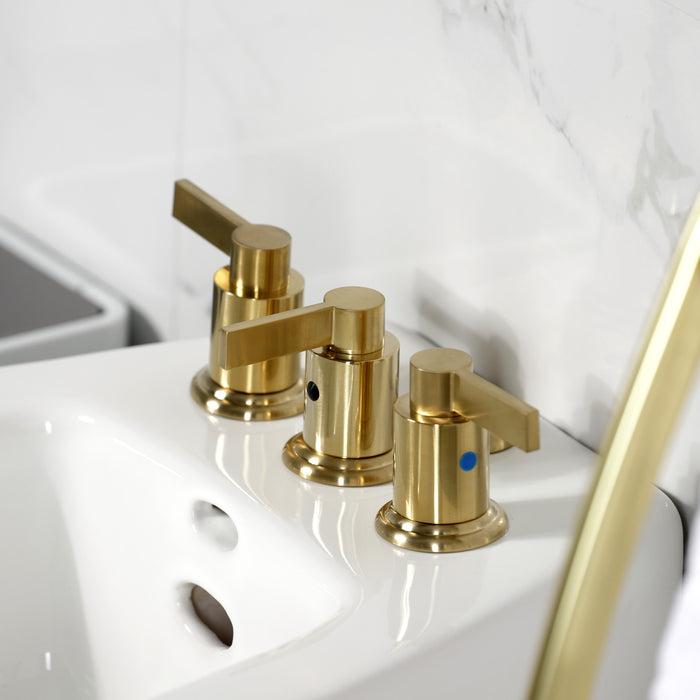 Kingston Sona KB6327NDL - NuvoFusion Three-Handle Deck Mount Vertical Spray Bidet Faucet with Brass Pop-Up, Brushed Brass
