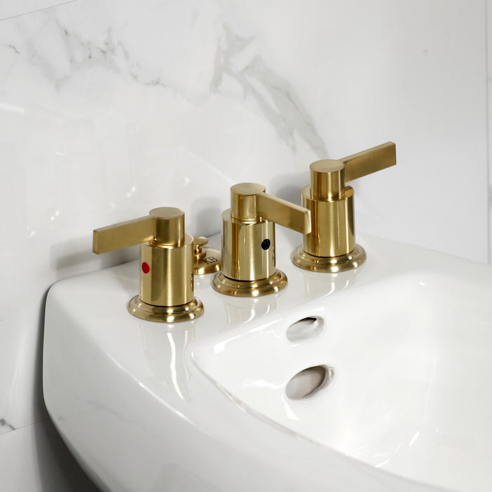 Kingston Sona KB6327NDL - NuvoFusion Three-Handle Deck Mount Vertical Spray Bidet Faucet with Brass Pop-Up, Brushed Brass