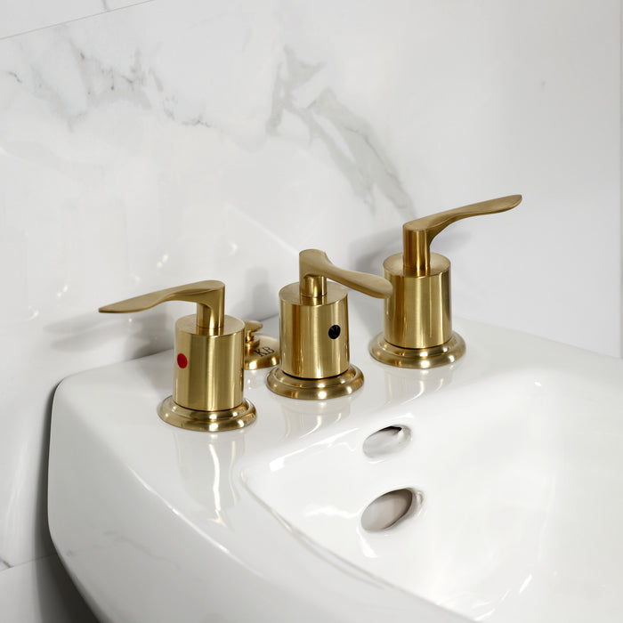 Kingston Tulare KB6327SVL - Serena Three-Handle Deck Mount Vertical Spray Bidet Faucet with Brass Pop-Up, Brushed Brass