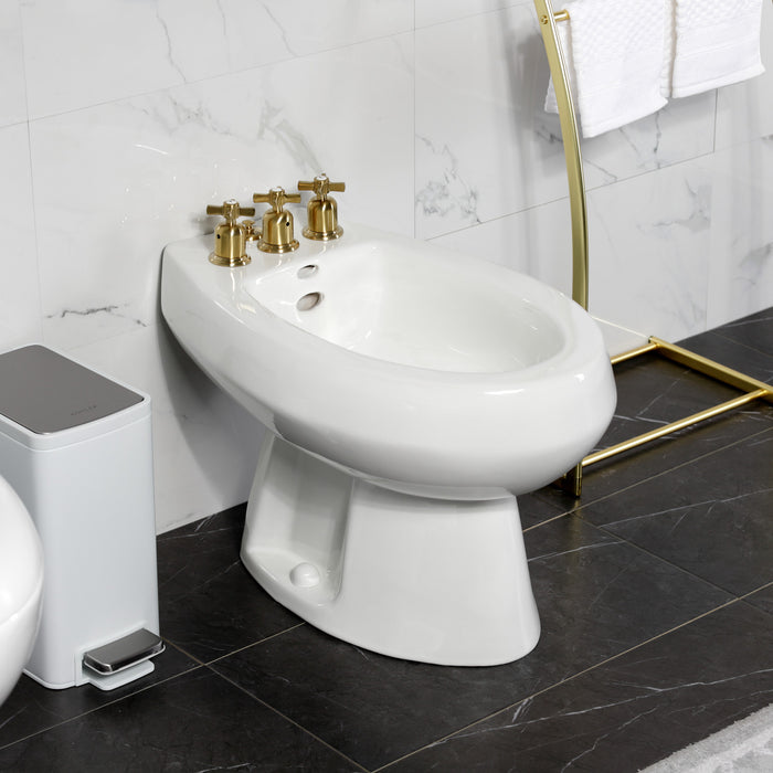 Kingston Tulare KB6327ZX - Millennium Three-Handle Deck Mount Vertical Spray Bidet Faucet with Brass Pop-Up, Brushed Brass