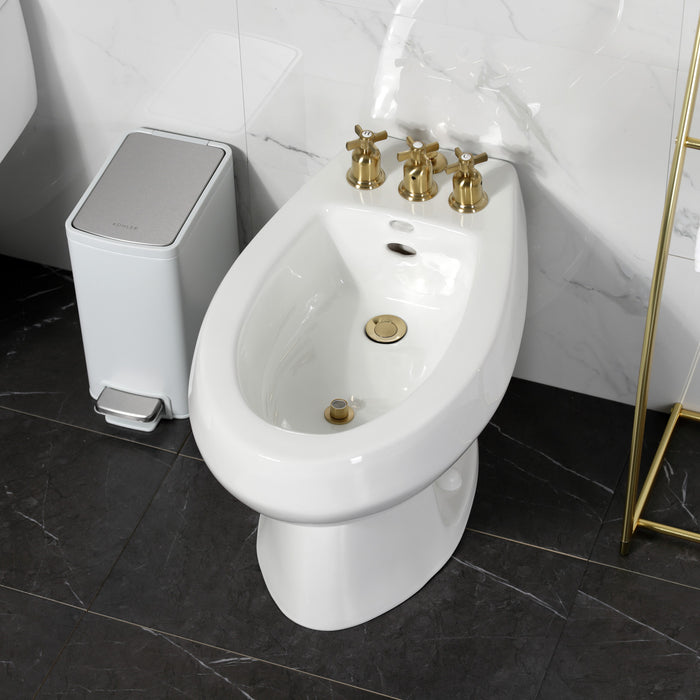 Kingston Tulare KB6327ZX - Millennium Three-Handle Deck Mount Vertical Spray Bidet Faucet with Brass Pop-Up, Brushed Brass