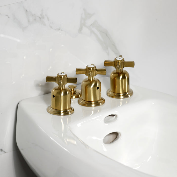 Kingston Tulare KB6327ZX - Millennium Three-Handle Deck Mount Vertical Spray Bidet Faucet with Brass Pop-Up, Brushed Brass