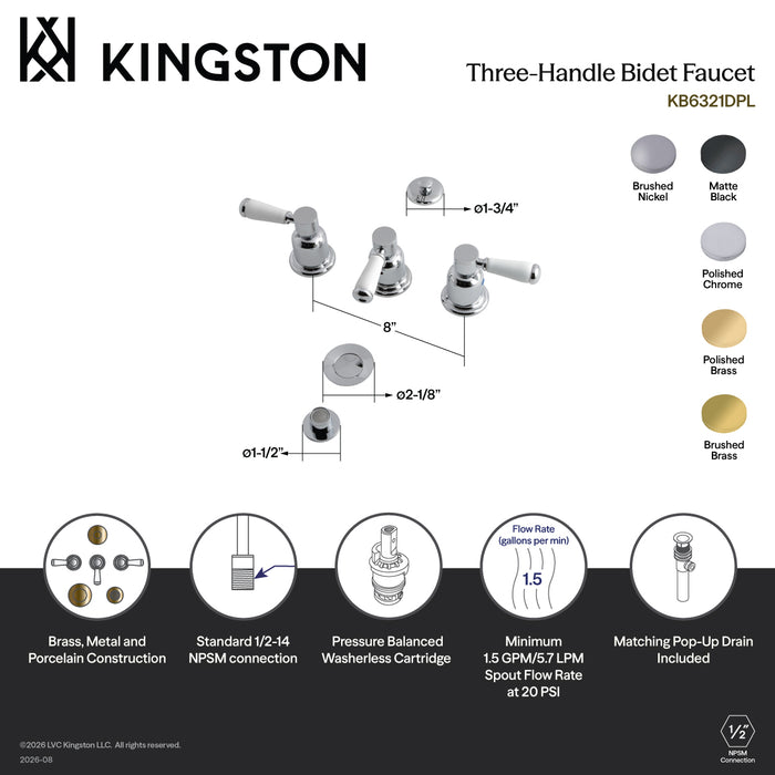 Kingston Tulare KB6328DPL - Paris Three-Handle Deck Mount Vertical Spray Bidet Faucet with Brass Pop-Up, Brushed Nickel
