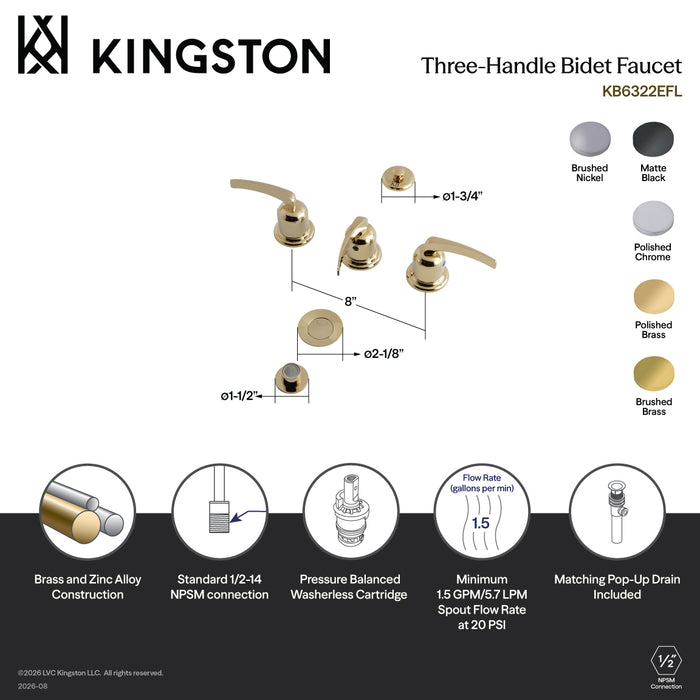 Kingston Tulare KB6328EFL - Centurion Three-Handle Deck Mount Vertical Spray Bidet Faucet with Brass Pop-Up, Brushed Nickel