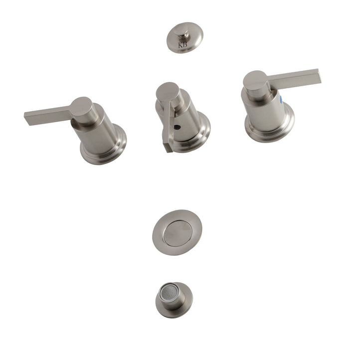 Kingston Sona KB6328NDL - NuvoFusion Three-Handle Deck Mount Vertical Spray Bidet Faucet with Brass Pop-Up, Brushed Nickel