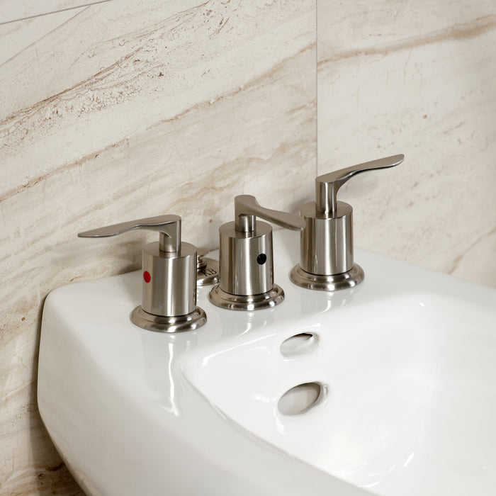 Kingston Tulare KB6328SVL - Serena Three-Handle Deck Mount Vertical Spray Bidet Faucet with Brass Pop-Up, Brushed Nickel