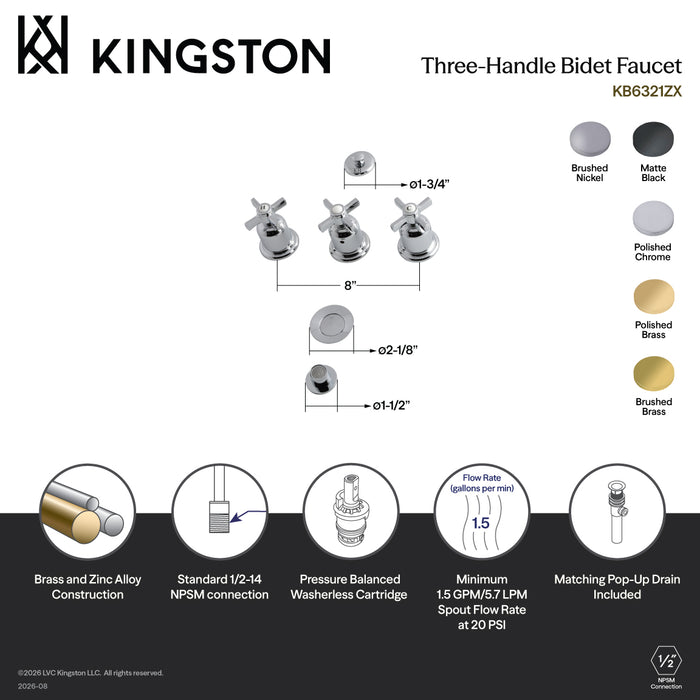 Kingston Tulare KB6328ZX - Millennium Three-Handle Deck Mount Vertical Spray Bidet Faucet with Brass Pop-Up, Brushed Nickel
