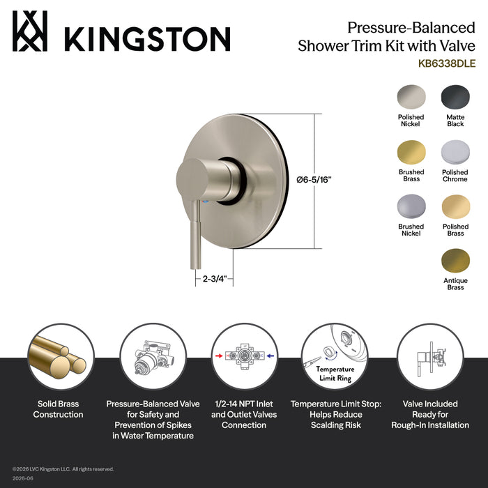 Kingston Concord KB6338DLE Single-Handle Pressure Balanced Shower Valve and Trim Set, Brushed Nickel (Valve Included)
