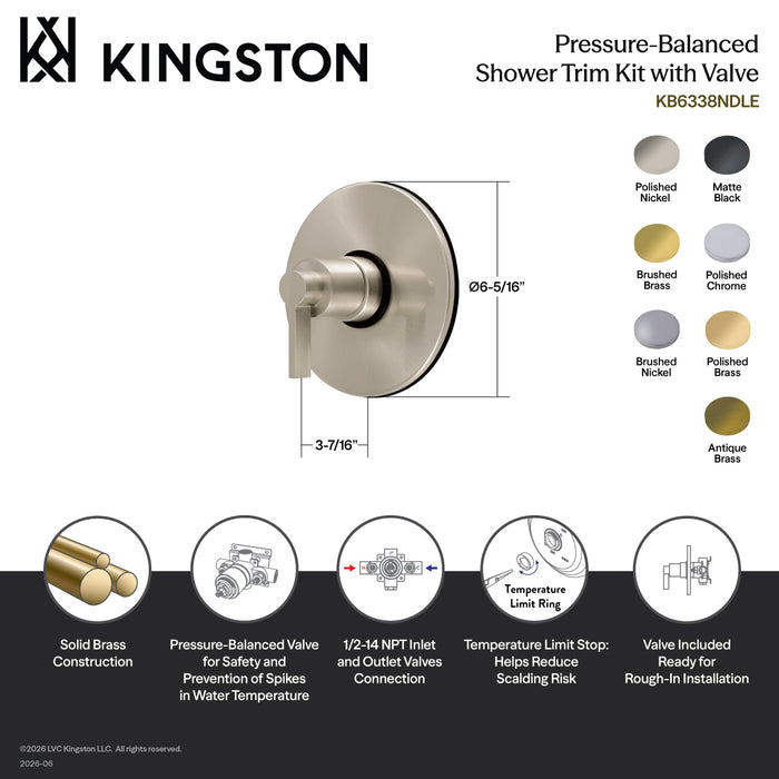 Kingston NuvoFusion KB6338NDLE Single-Handle Pressure Balanced Shower Valve and Trim Set, Brushed Nickel (Valve Included)