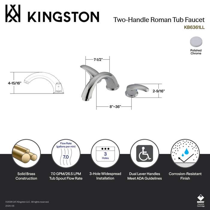 Kingston KB6361LL Two-Handle 3-Hole Deck Mount Roman Tub Faucet, Polished Chrome