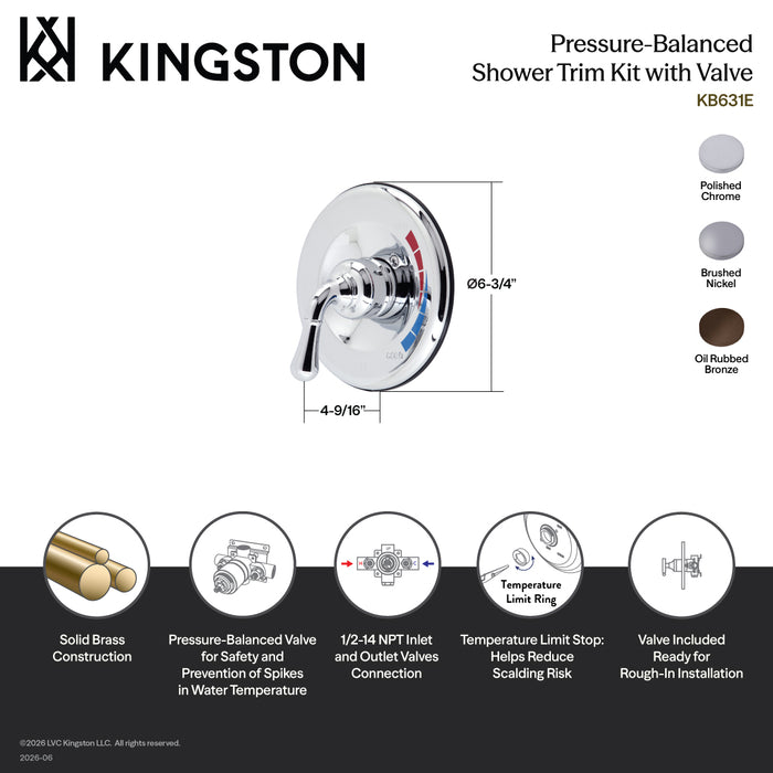 Kingston Tulare KB638E Single-Handle Pressure Balanced Shower Valve and Trim Set, Brushed Nickel (Valve Included)