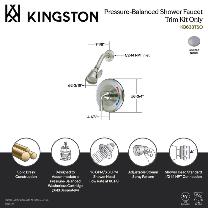 Kingston KB638TSO Single-Handle Pressure Balanced Shower Faucet, Trim Only, Brushed Nickel