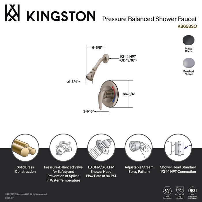 Kingston Tulare KB650SO - Chatham Single-Handle Pressure Balanced Shower Faucet, Matte Black