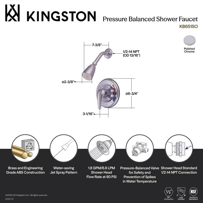Kingston Chatham KB651SO Single-Handle Pressure Balanced Shower Faucet, Polished Chrome