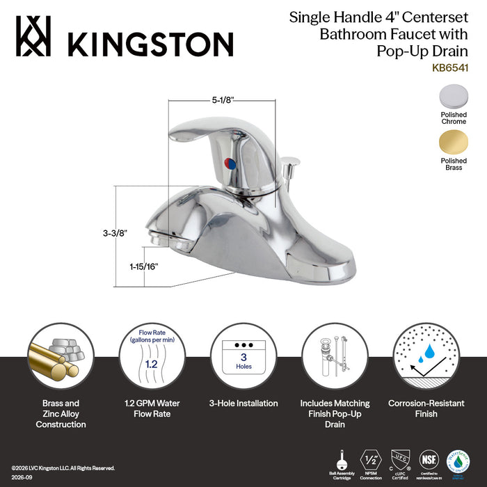 Kingston Tulare KB6541 - Legacy Single-Handle 3-Hole Deck Mount 4-Inch Centerset Bathroom Faucet with ABS Pop-Up Drain, Polished Chrome