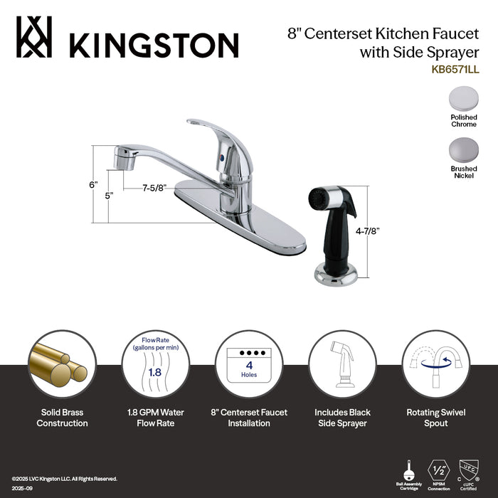 Kingston Tulare KB6578LL - Legacy One-Handle 4-Hole 8" Centerset Kitchen Faucet with Side Sprayer, Brushed Nickel