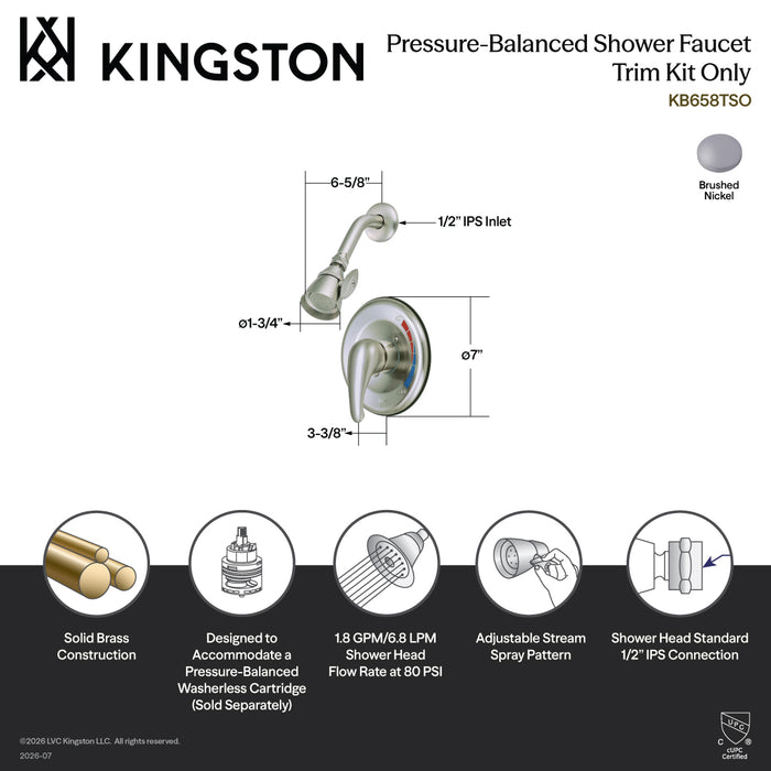 Kingston KB658TSO Single-Handle Pressure Balanced Shower Faucet, Trim Only, Brushed Nickel