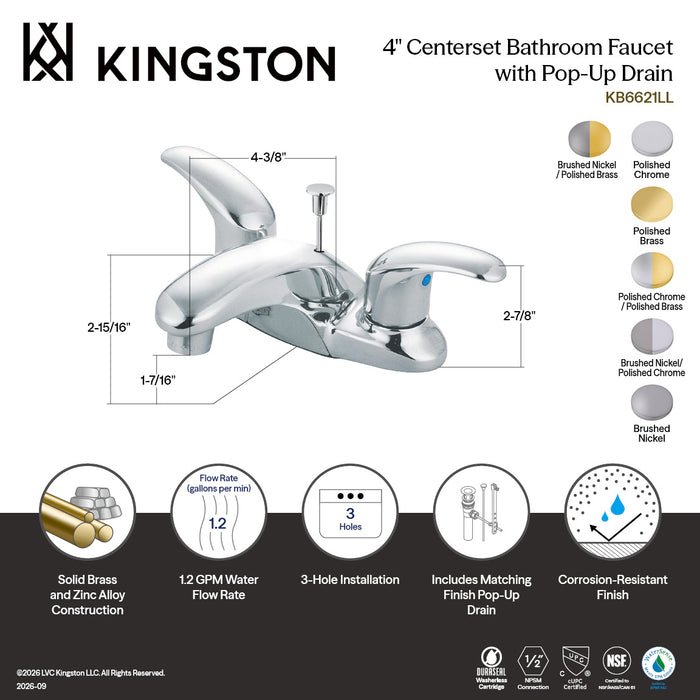 Kingston Tulare KB6624LL - Legacy Double-Handle 3-Hole Deck Mount 4-Inch Centerset Bathroom Faucet with Pop-Up Drain, Polished Chrome/Polished Brass