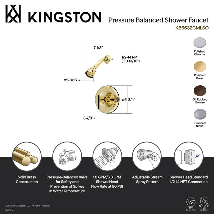 Kingston Tulare KB6632CMLSO - Manhattan Single-Handle Pressure Balanced Shower Faucet, Polished Brass